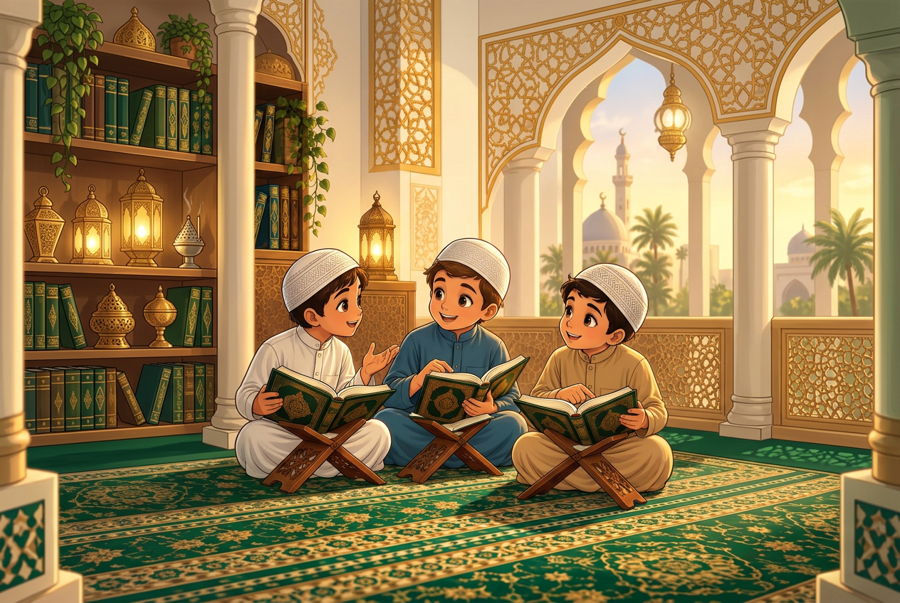 طلاب يقرؤون القرآن الكريم في حلقة تحفيظ